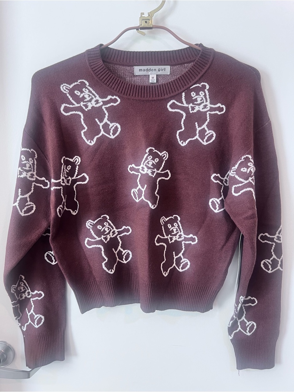 Madden Girl Maroon Crewneck Sweater with White Teddy Bear Pattern